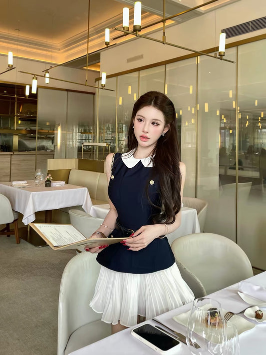 Huichen Dengdeng Women's French-Style Matching Set – 2026 Early Autumn New Arrival: Sleeveless Top & Skirt, Elegant Two-Piece Set
