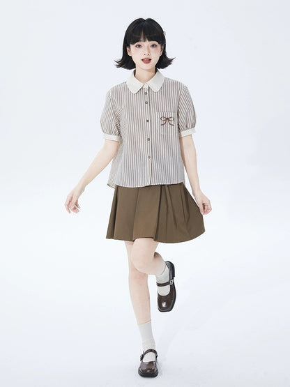Tailored Milk Coffee Striped Puff Sleeve Shirt Women's Spring and Summer Design Bow Embroidered Short Sleeve Shirt