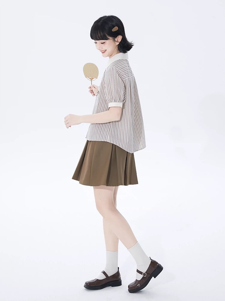 Tailored Milk Coffee Striped Puff Sleeve Shirt Women's Spring and Summer Design Bow Embroidered Short Sleeve Shirt