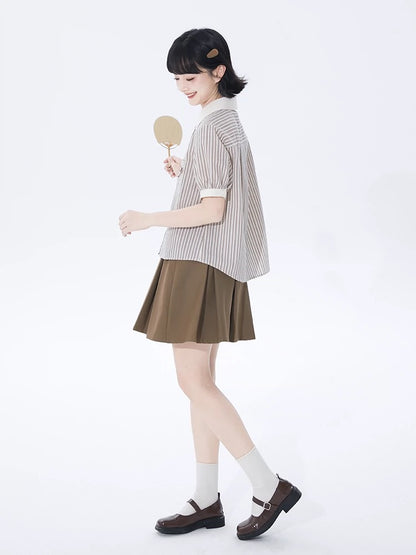 Tailored Milk Coffee Striped Puff Sleeve Shirt Women's Spring and Summer Design Bow Embroidered Short Sleeve Shirt
