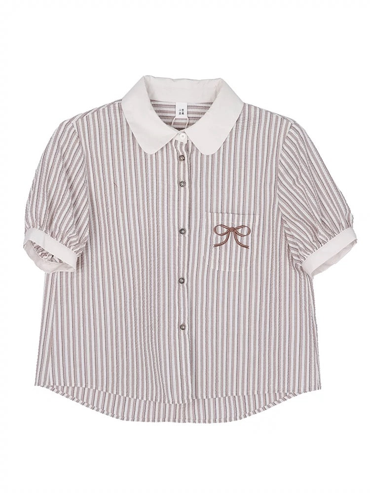 Tailored Milk Coffee Striped Puff Sleeve Shirt Women's Spring and Summer Design Bow Embroidered Short Sleeve Shirt