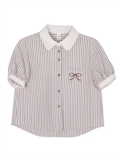 Tailored Milk Coffee Striped Puff Sleeve Shirt Women's Spring and Summer Design Bow Embroidered Short Sleeve Shirt