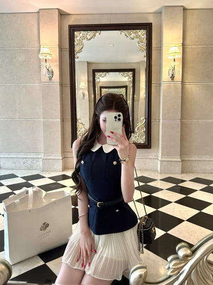 Huichen Dengdeng Women's French-Style Matching Set – 2026 Early Autumn New Arrival: Sleeveless Top & Skirt, Elegant Two-Piece Set