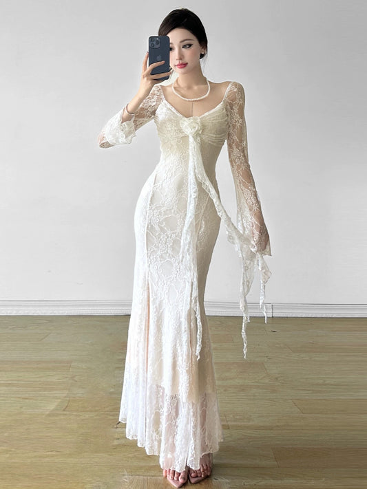 Amyway【Pure Desire Retro】Sexy floral ribbon hook-and-loop lace splicing micro-flared sleeves mesh long skirt