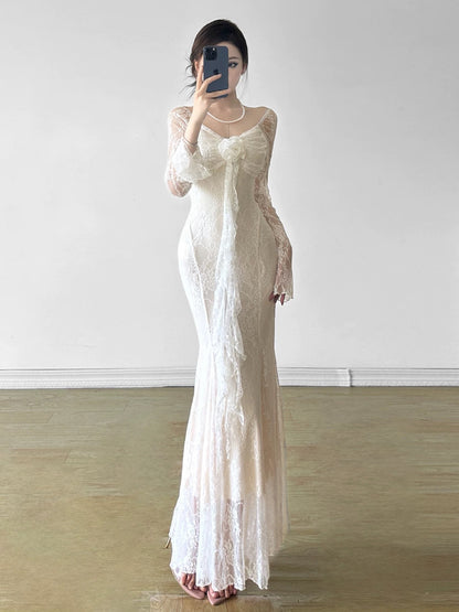 Amyway【Pure Desire Retro】Sexy floral ribbon hook-and-loop lace splicing micro-flared sleeves mesh long skirt