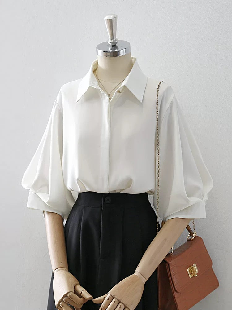 White shirt women's summer five-point sleeve niche tops high-grade satin Korean style temperament commuting lantern sleeve shirt