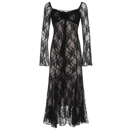 Amyway【Pure Desire Retro】Sexy floral ribbon hook-and-loop lace splicing micro-flared sleeves mesh long skirt