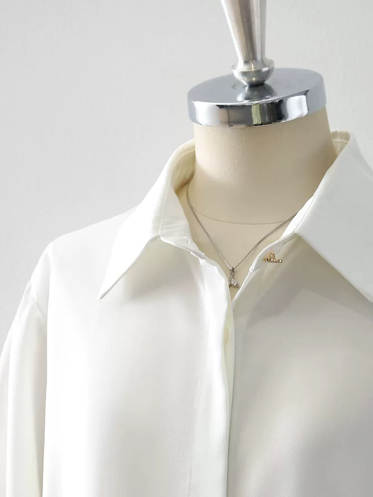 White shirt women's summer five-point sleeve niche tops high-grade satin Korean style temperament commuting lantern sleeve shirt