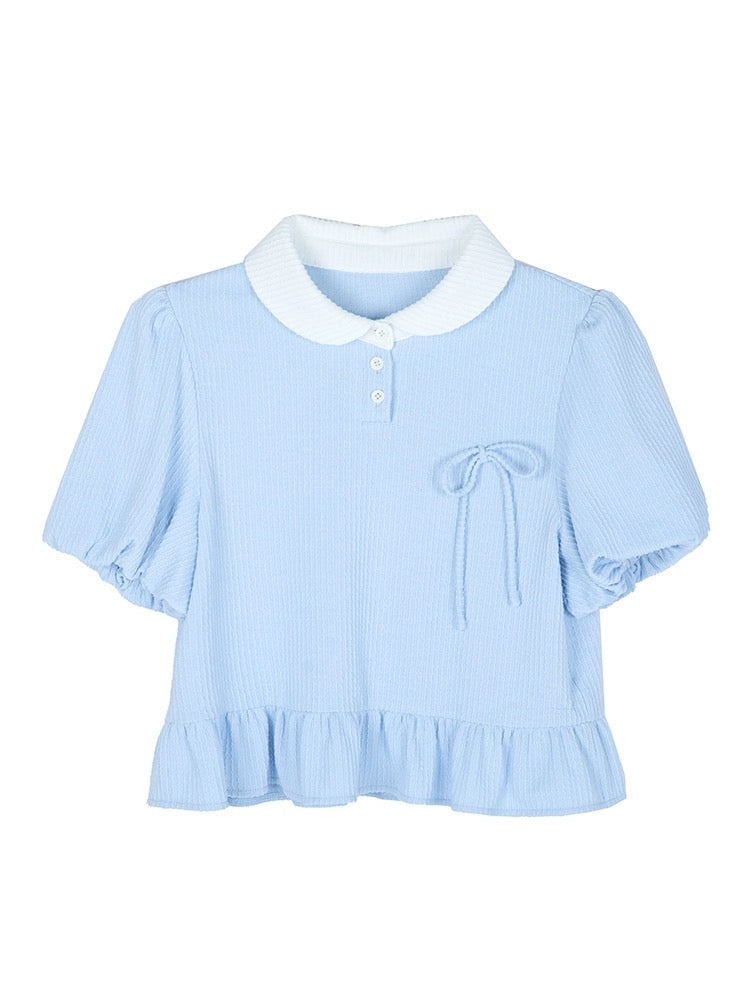 Xiao Cong good tailoring college-style ingot collar short-sleeved sweater for women summer loose bow puff-sleeved short top