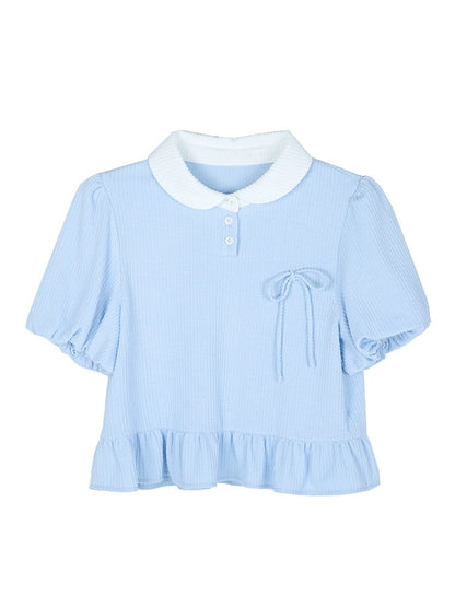 Xiao Cong good tailoring college-style ingot collar short-sleeved sweater for women summer loose bow puff-sleeved short top
