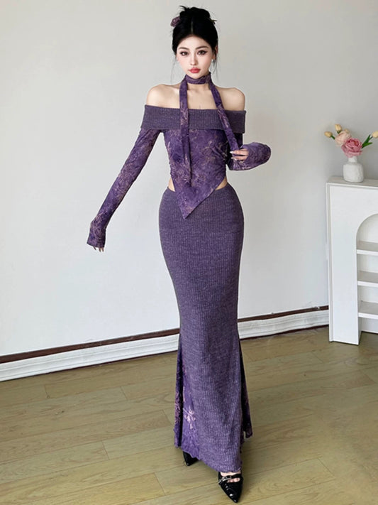 Amyway [Ancient Wisteria] New Chinese style one-shoulder halterneck streamer sweater with hip-covering splicing fishtail skirt