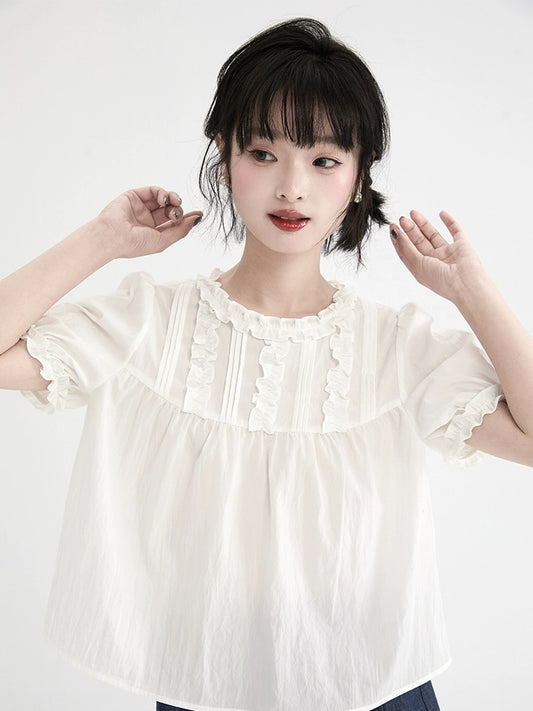 Shallot's well-cut white lace collar short-sleeved shirt for women's summer design, loose and sweet, age-reducing puff-sleeved top