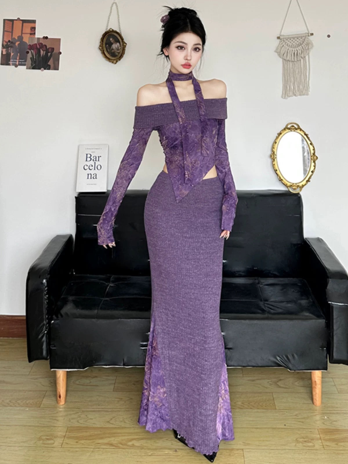 Amyway [Ancient Wisteria] New Chinese style one-shoulder halterneck streamer sweater with hip-covering splicing fishtail skirt