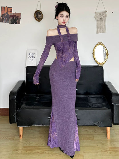 Amyway [Ancient Wisteria] New Chinese style one-shoulder halterneck streamer sweater with hip-covering splicing fishtail skirt
