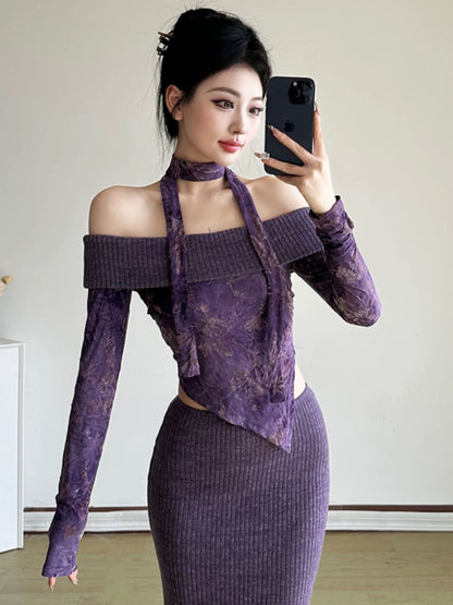 Amyway [Ancient Wisteria] New Chinese style one-shoulder halterneck streamer sweater with hip-covering splicing fishtail skirt
