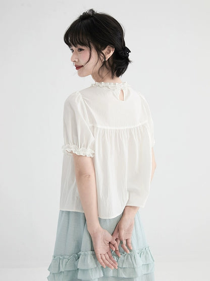 Shallot's well-cut white lace collar short-sleeved shirt for women's summer design, loose and sweet, age-reducing puff-sleeved top