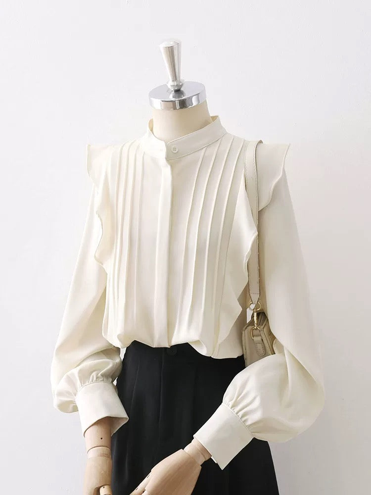 2025 Spring and Autumn Women's Apricot White Ruffled Drape Chiffon Shirt Women's Pleated Straight Lantern Sleeve Chic Top