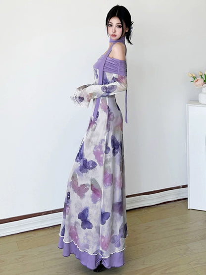 Amyway [Fantasy Purple Butterfly] Retro Chinese style butterfly print dress with waist A-line slimming long skirt