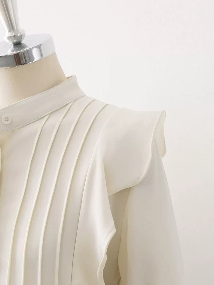 2025 Spring and Autumn Women's Apricot White Ruffled Drape Chiffon Shirt Women's Pleated Straight Lantern Sleeve Chic Top