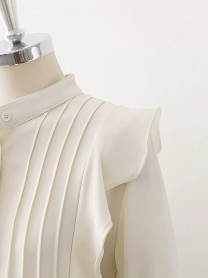 2025 Spring and Autumn Women's Apricot White Ruffled Drape Chiffon Shirt Women's Pleated Straight Lantern Sleeve Chic Top