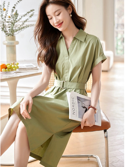 Mohan Yimei Commuting Simple Lace-Up Shirt Dress 2024 Summer New Simple Versatile Sleeve Dress