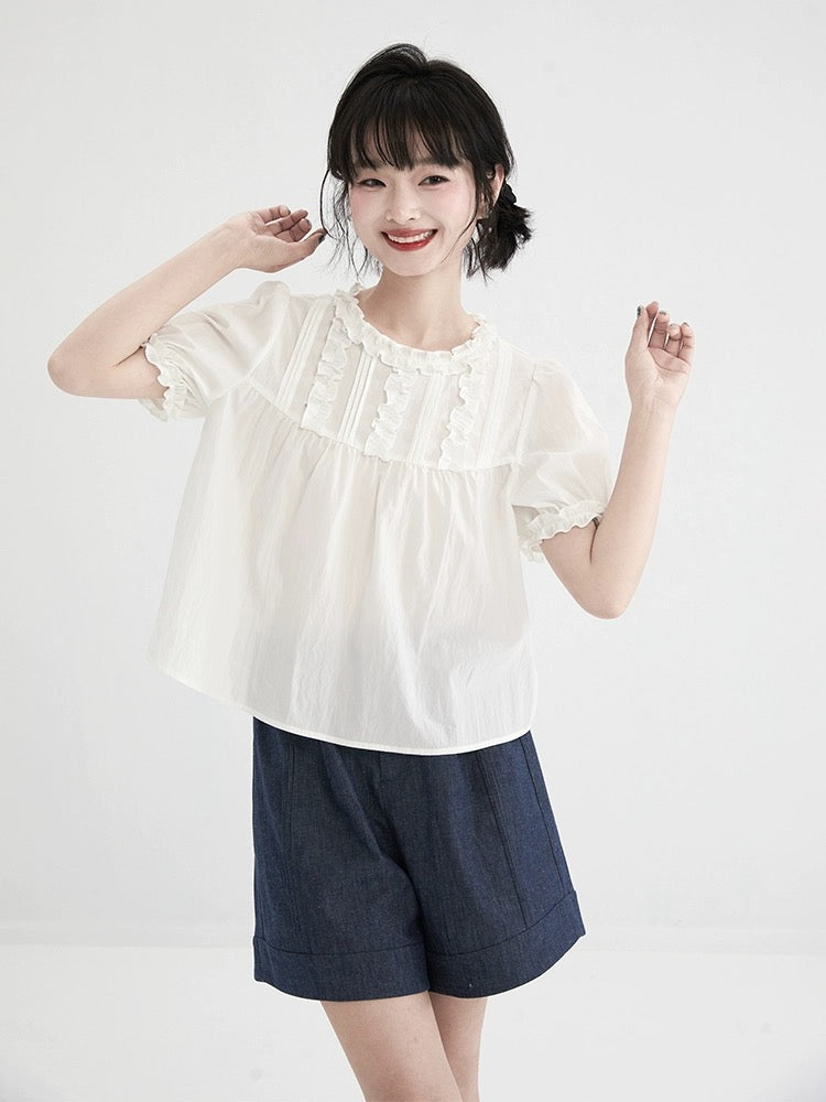 Shallot's well-cut white lace collar short-sleeved shirt for women's summer design, loose and sweet, age-reducing puff-sleeved top