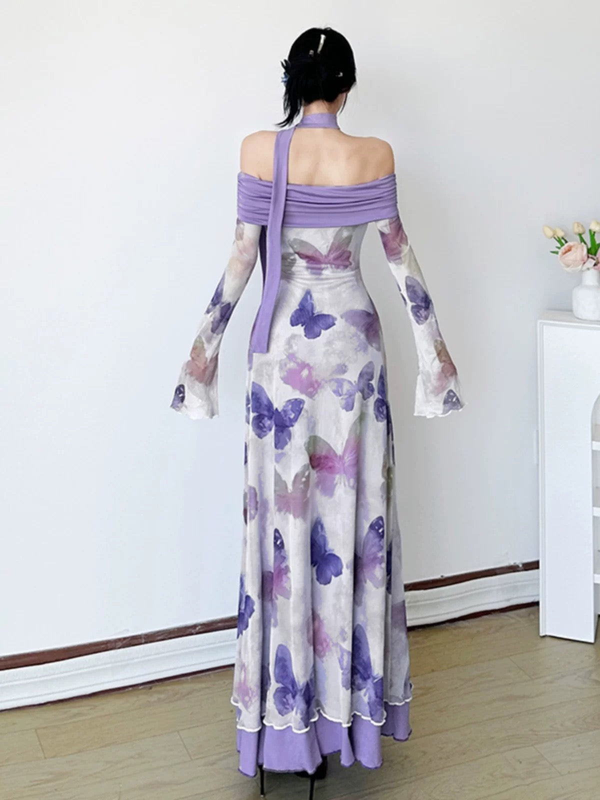 Amyway [Fantasy Purple Butterfly] Retro Chinese style butterfly print dress with waist A-line slimming long skirt