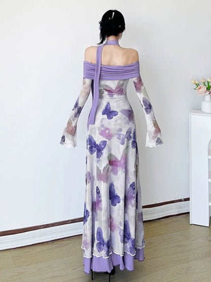 Amyway [Fantasy Purple Butterfly] Retro Chinese style butterfly print dress with waist A-line slimming long skirt