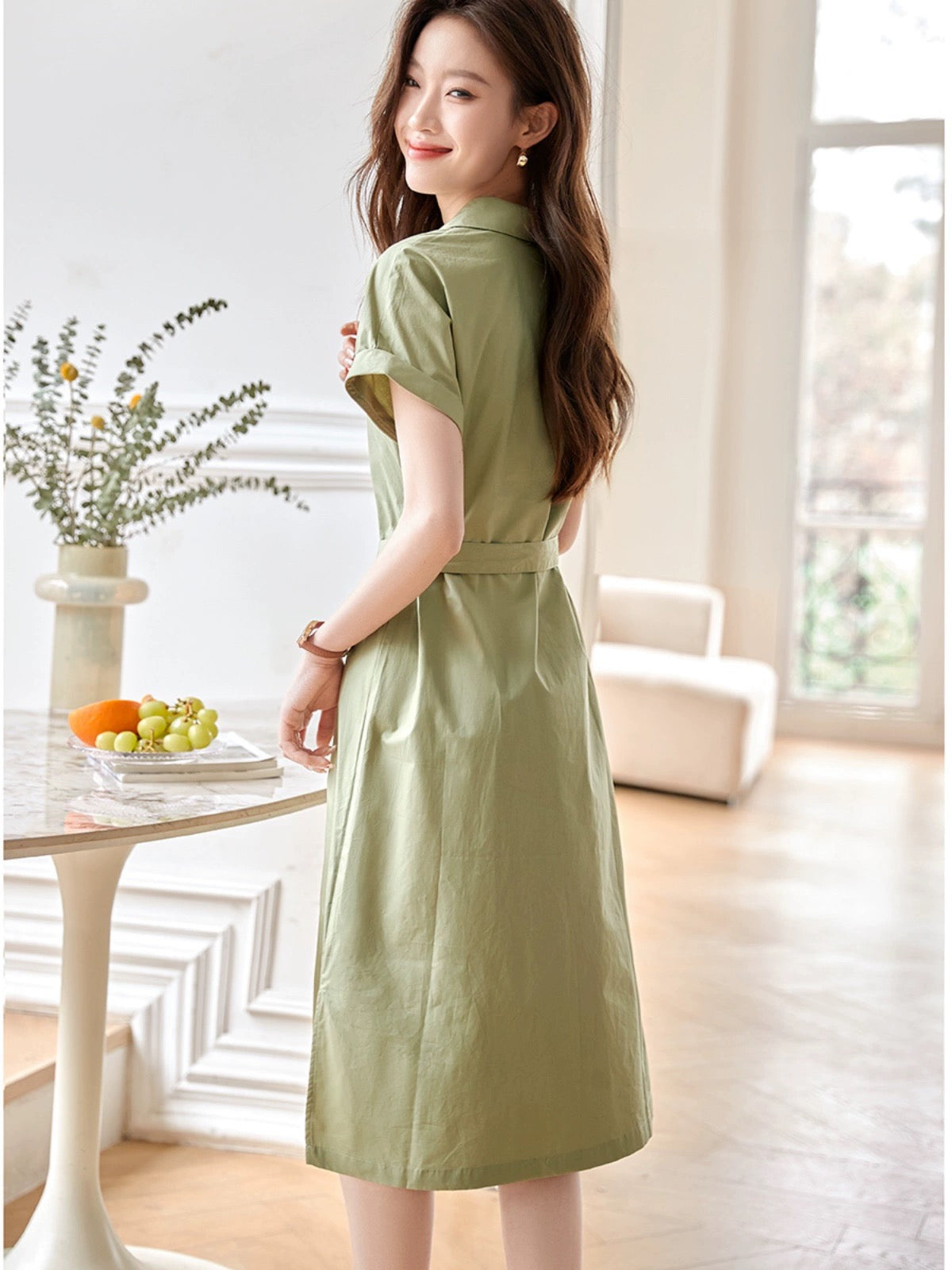 Mohan Yimei Commuting Simple Lace-Up Shirt Dress 2024 Summer New Simple Versatile Sleeve Dress