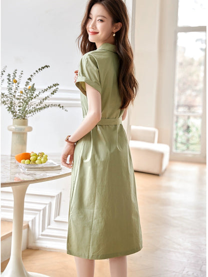 Mohan Yimei Commuting Simple Lace-Up Shirt Dress 2024 Summer New Simple Versatile Sleeve Dress