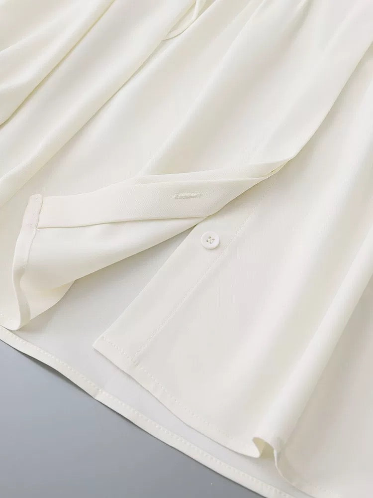 2025 Spring and Autumn Women's Apricot White Ruffled Drape Chiffon Shirt Women's Pleated Straight Lantern Sleeve Chic Top