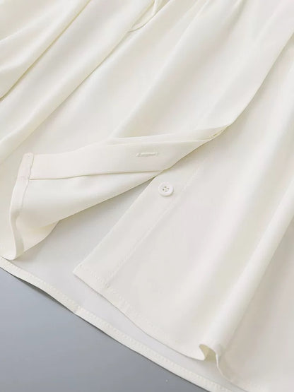 2025 Spring and Autumn Women's Apricot White Ruffled Drape Chiffon Shirt Women's Pleated Straight Lantern Sleeve Chic Top
