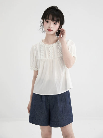 Shallot's well-cut white lace collar short-sleeved shirt for women's summer design, loose and sweet, age-reducing puff-sleeved top
