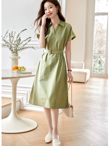 Mohan Yimei Commuting Simple Lace-Up Shirt Dress 2024 Summer New Simple Versatile Sleeve Dress