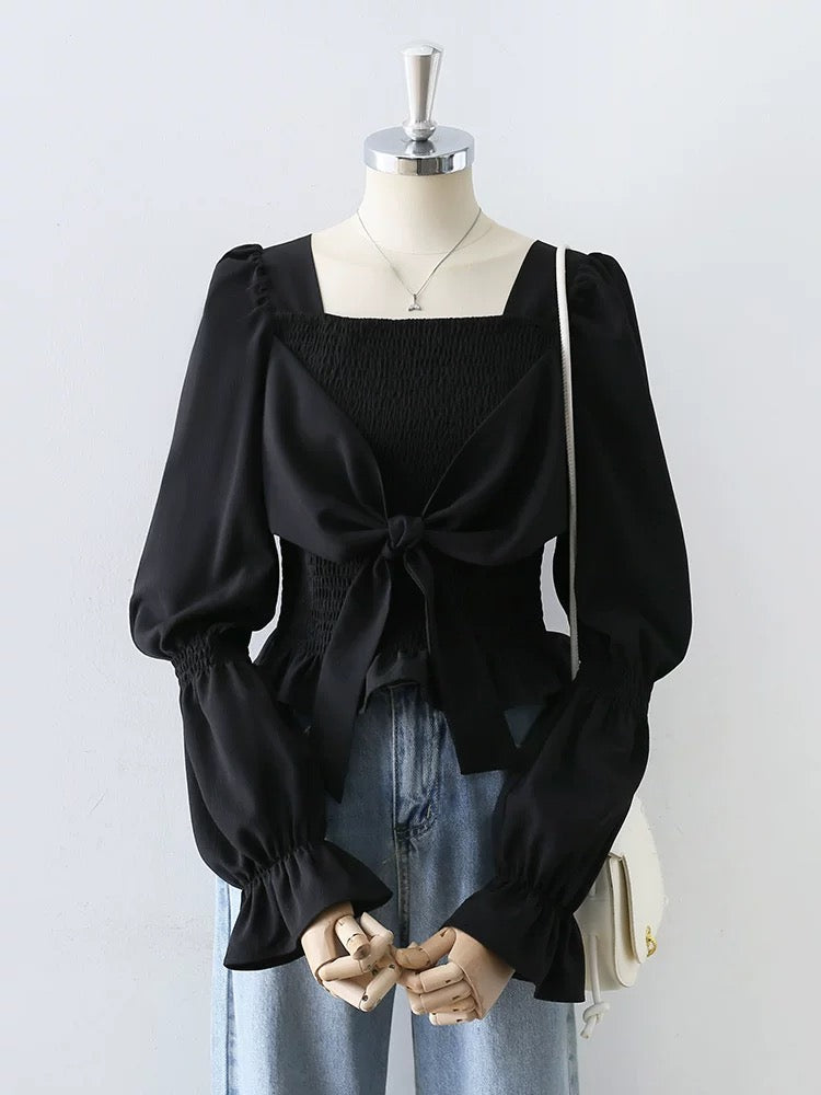 Design sense square collar long sleeve shirt women 2025 spring and autumn new all-match trumpet sleeve black niche chic top