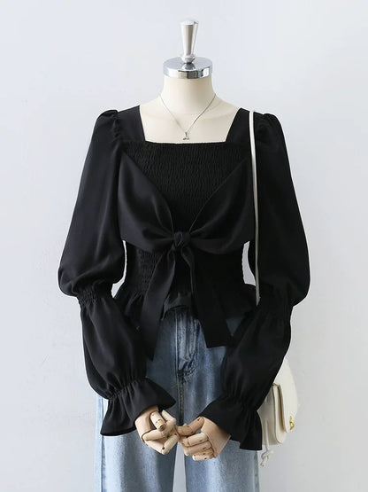 Design sense square collar long sleeve shirt women 2025 spring and autumn new all-match trumpet sleeve black niche chic top