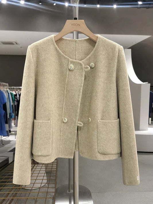 Creamy apricot style loose-fitting double-sided cashmere coat, new autumn/winter style for women, elegant wool coat.