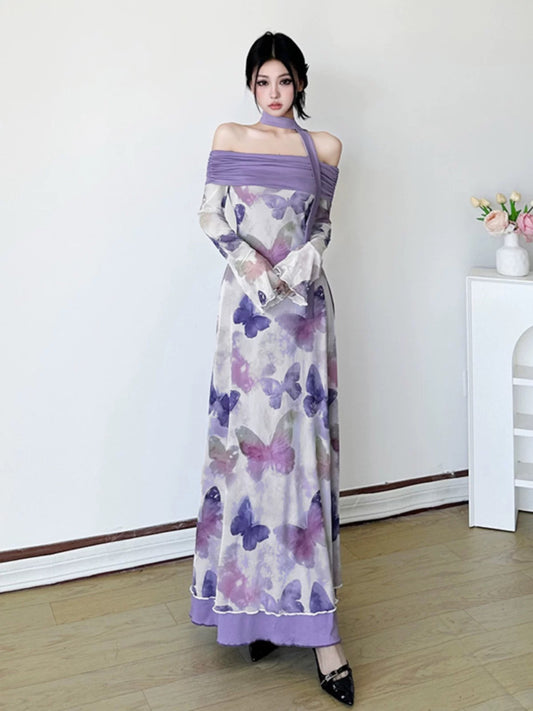 Amyway [Fantasy Purple Butterfly] Retro Chinese style butterfly print dress with waist A-line slimming long skirt