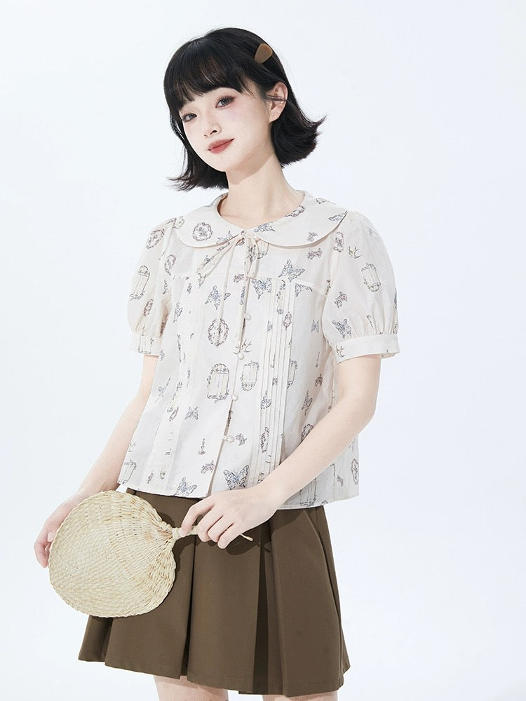 good tailoring printed doll collar short-sleeved shirt for women spring and summer loose age-reducing pleated lace-up puff sleeve shirt