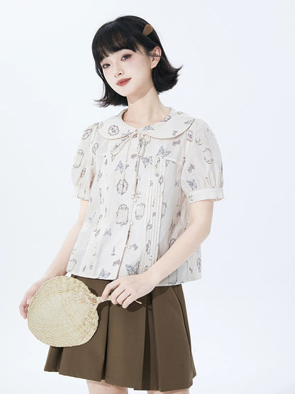 good tailoring printed doll collar short-sleeved shirt for women spring and summer loose age-reducing pleated lace-up puff sleeve shirt