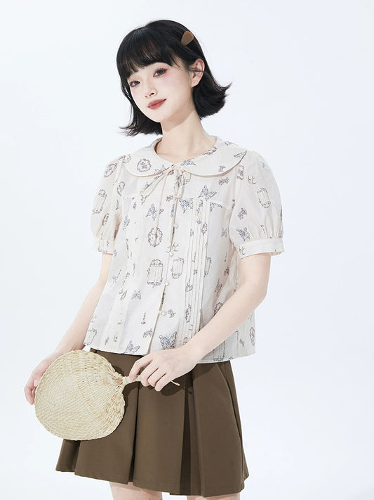 good tailoring printed doll collar short-sleeved shirt for women spring and summer loose age-reducing pleated lace-up puff sleeve shirt