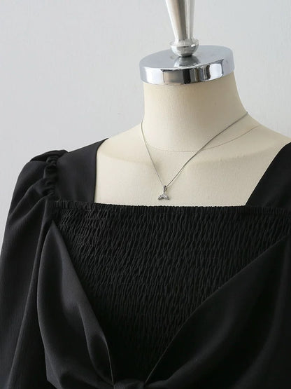 Design sense square collar long sleeve shirt women 2025 spring and autumn new all-match trumpet sleeve black niche chic top