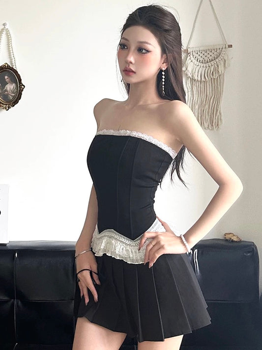 Amyway bow lace retro lace French tube top fishbone splicing small skirt sleeveless vest