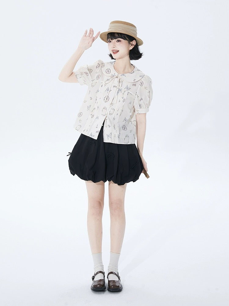 good tailoring printed doll collar short-sleeved shirt for women spring and summer loose age-reducing pleated lace-up puff sleeve shirt