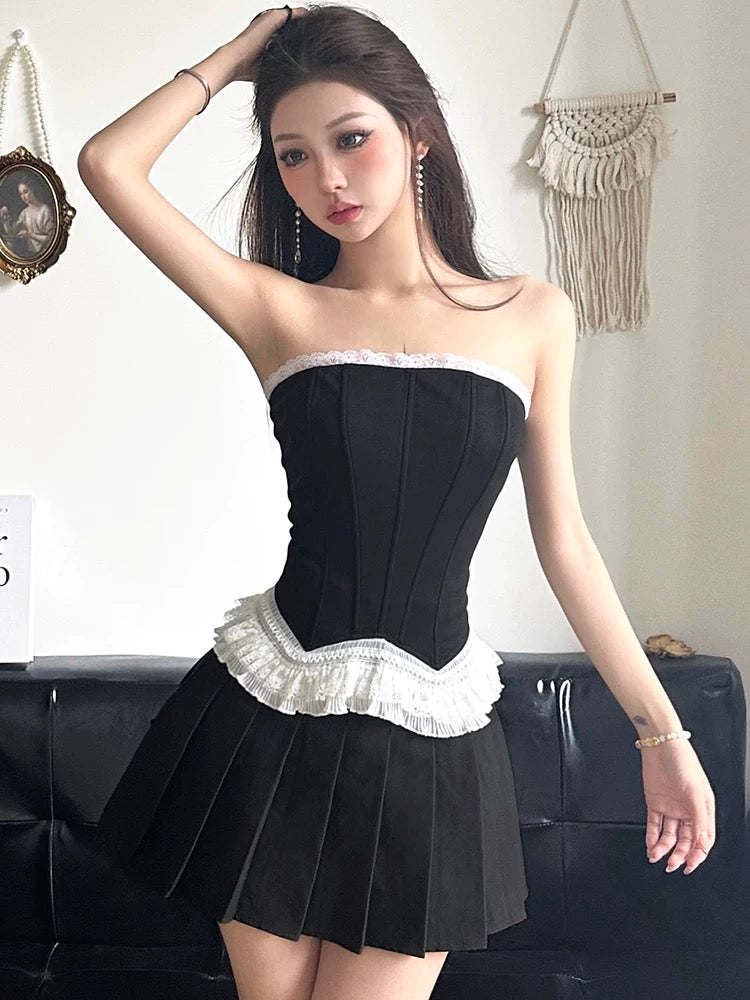 Amyway bow lace retro lace French tube top fishbone splicing small skirt sleeveless vest