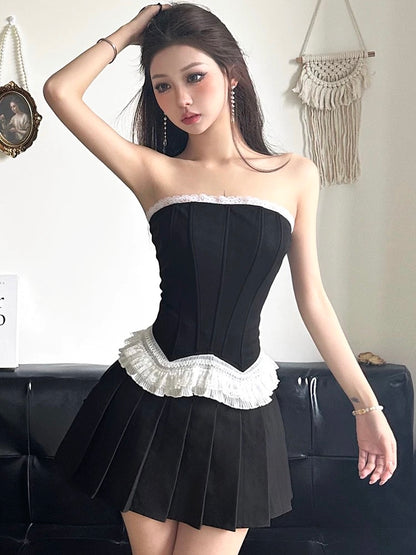 Amyway bow lace retro lace French tube top fishbone splicing small skirt sleeveless vest
