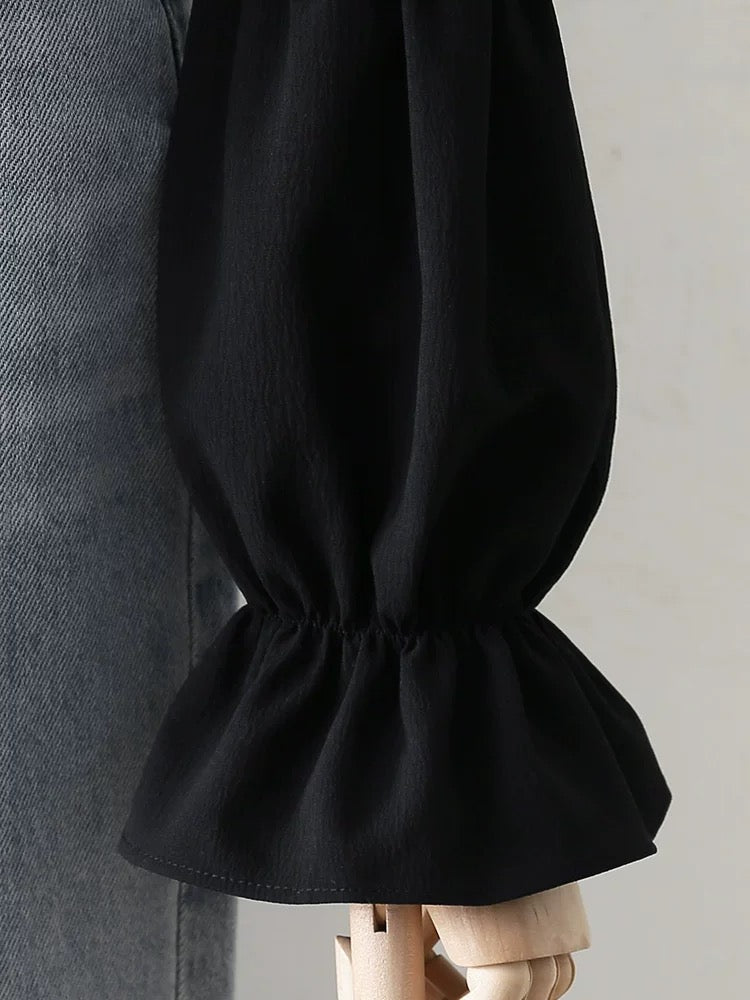 Design sense square collar long sleeve shirt women 2025 spring and autumn new all-match trumpet sleeve black niche chic top