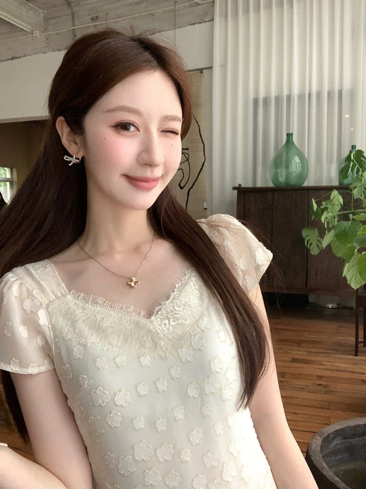 Yang Yang YANGRUOYU [Coconut Milk Smoothie] Spliced Dress Atmosphere Lace Petite French Long Skirt