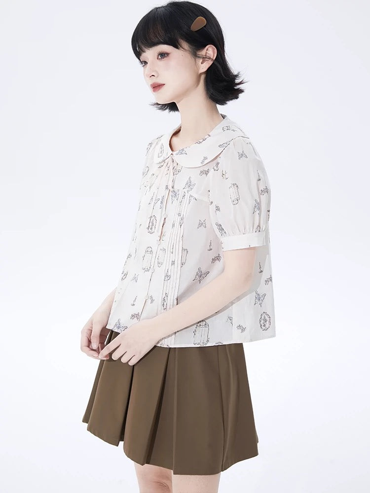 good tailoring printed doll collar short-sleeved shirt for women spring and summer loose age-reducing pleated lace-up puff sleeve shirt