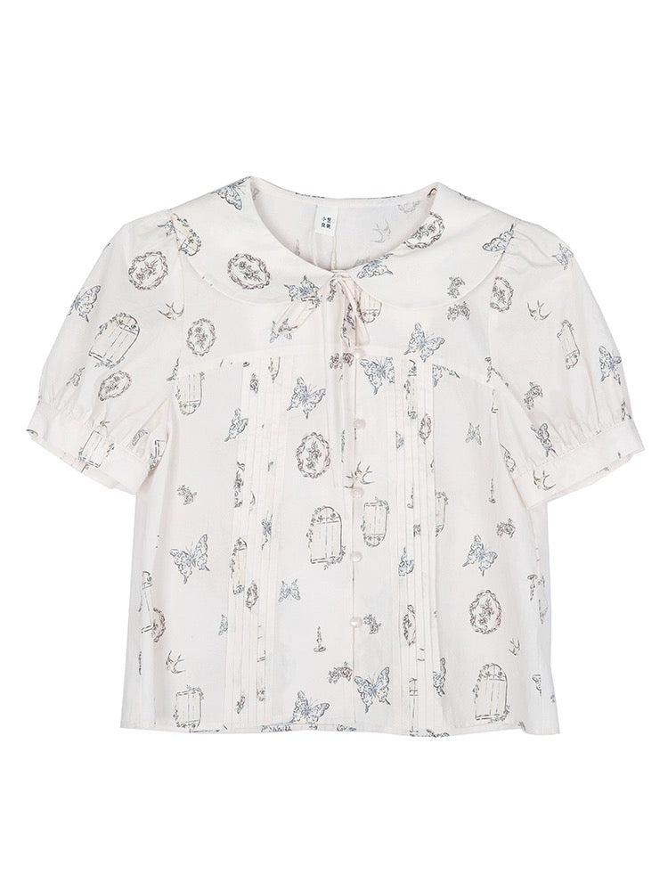 good tailoring printed doll collar short-sleeved shirt for women spring and summer loose age-reducing pleated lace-up puff sleeve shirt